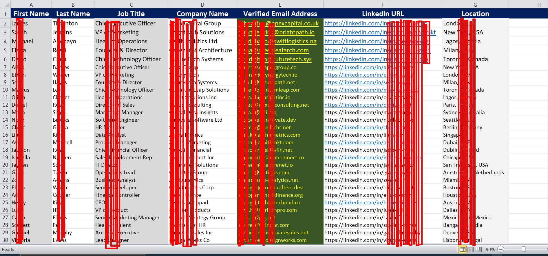 Nexus B2B sample data spreadsheet showing verified leads and contact information
